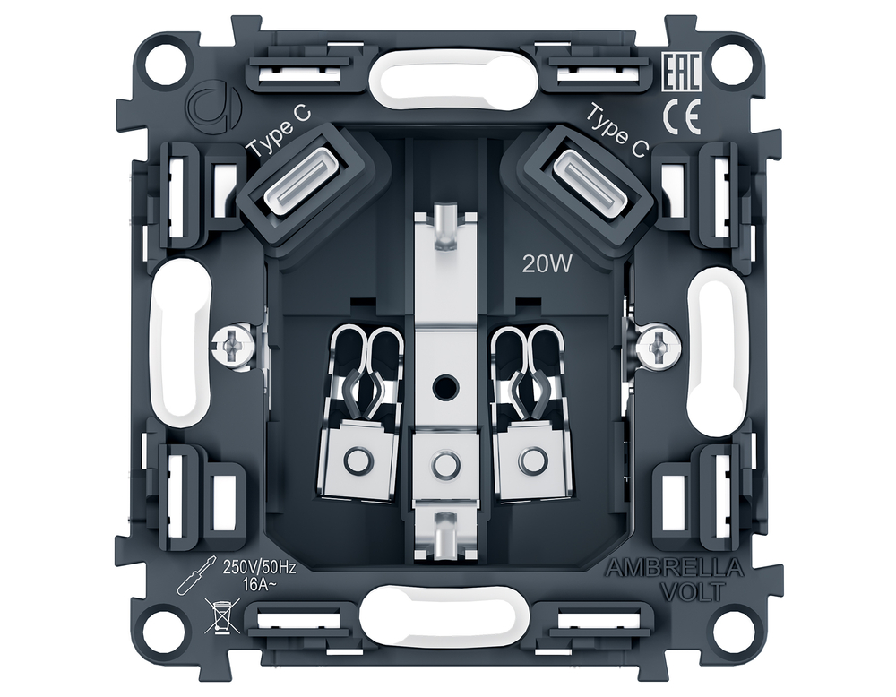 PR165 Механизм электрической розетки 2USB С+C 20W (быстрая зарядка) с/з на винтовых зажимах 16A-250V QUANT PRO