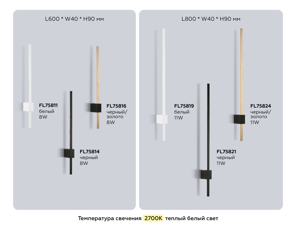 FL75816 BK/GD черный/золото 8W 2700К 600*40*90