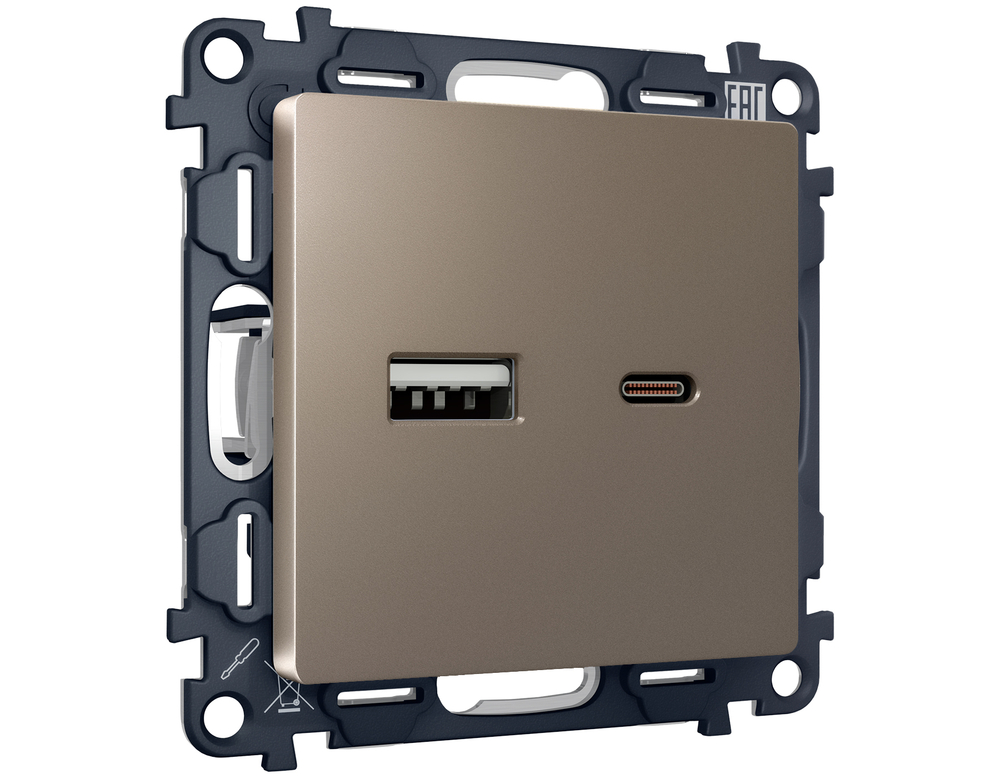 MA641010 Комплект механизма розетки ALFA Темная бронза матовый 2USB A+C 20W (быстрая зарядка) QUANT (AP6410, VM177)