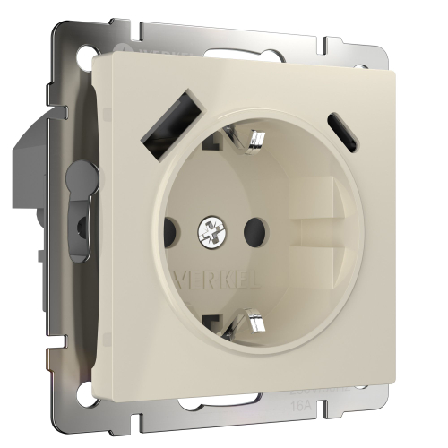 Купить Розетка с заземлением, шторками и USB тип A+C (слоновая кость) W1171703