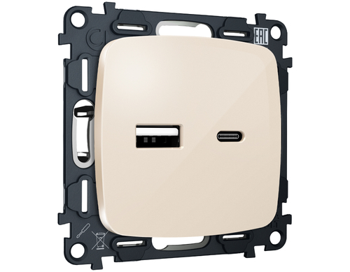 Купить MO311010 Комплект механизма розетки OMEGA Бежевый глянец 2USB A+C 20W (быстрая зарядка) QUANT (OP3110, VM177)