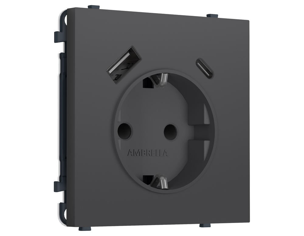 MS910010 Комплект механизма электрической розетки SIGMA Графит Мягкое касание 2USB A+C 20W (быст. зар.) с/з с/ш 16A-250V QUANT PRO (SP9100, PR160)