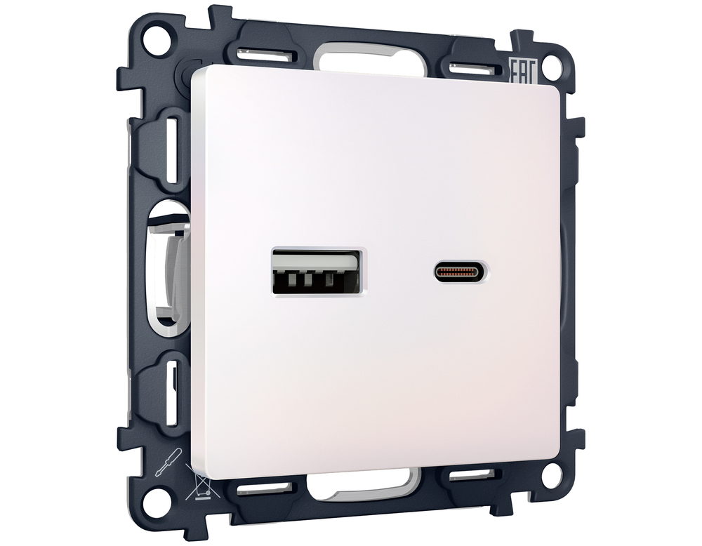 MA211010 Комплект механизма розетки ALFA Жемчуг 2USB A+C 20W (быстрая зарядка) QUANT (AP2110, VM177)