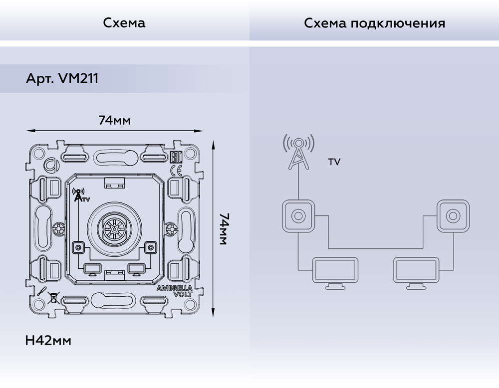 VM211 Механизм TV розетки проходной 5-1000 MHz 4dB QUANT