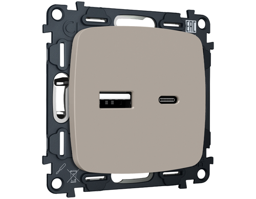 Купить MO371010 Комплект механизма розетки OMEGA Серо-бежевый матовый 2USB A+C 20W (быстрая зарядка) QUANT (OP3710, VM177)
