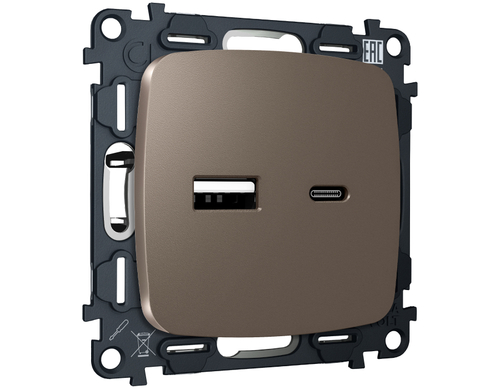 Купить MO641010 Комплект механизма розетки OMEGA Темная бронза матовый 2USB A+C 20W (быстрая зарядка) QUANT (OP6410, VM177)