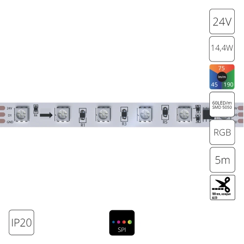 Купить Светодиодная лента 24V 14,4W/m (на канал 4,8W/m) RGB 5м IP20 Arte Lamp SPI A2406010-05-RGB