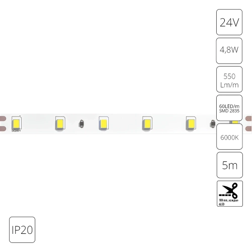 Купить Светодиодная лента 24V 4,8W/m 6000К 5м IP20 Arte Lamp TAPE A2406008-03-6K