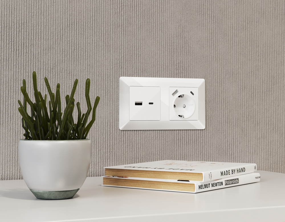 MA111010 Комплект механизма розетки ALFA Белый глянец 2USB A+C 20W (быстрая зарядка) QUANT