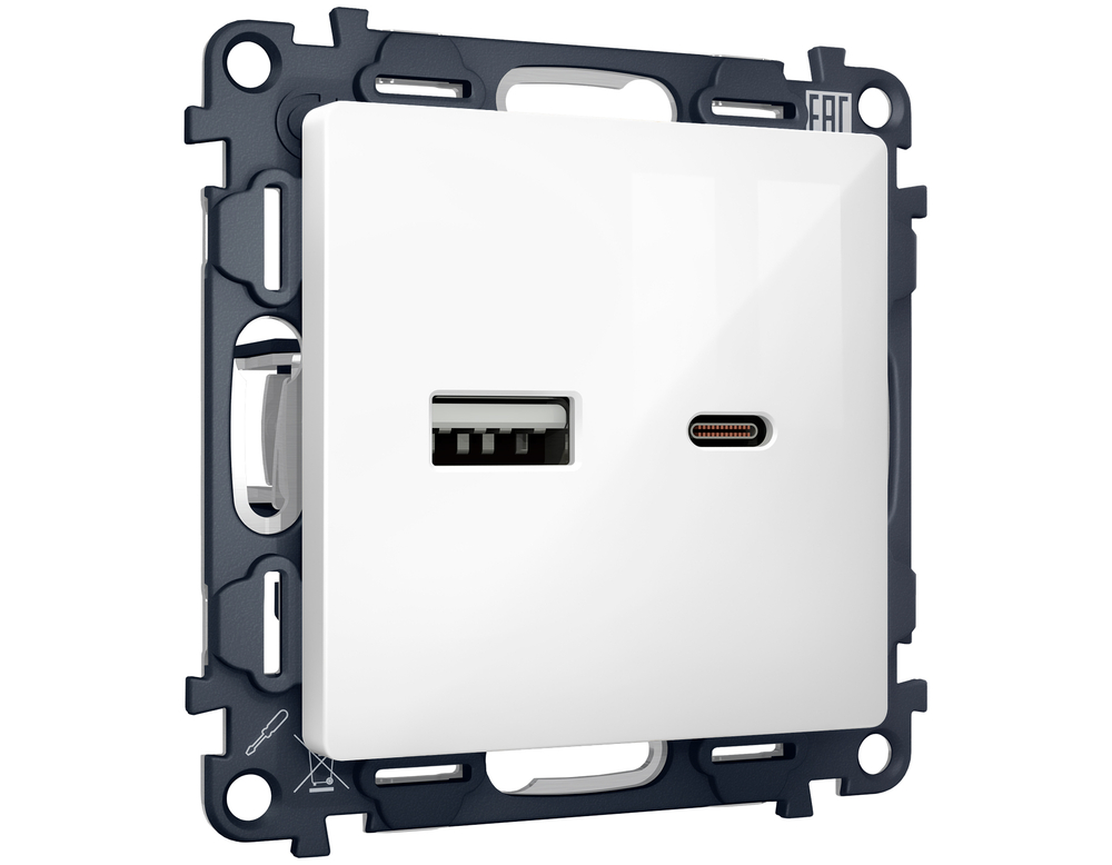 MA111010 Комплект механизма розетки ALFA Белый глянец 2USB A+C 20W (быстрая зарядка) QUANT