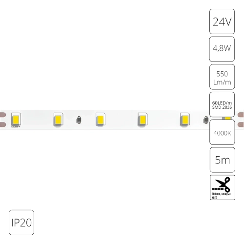 Купить Светодиодная лента 24V 4,8W/m 4000К 5м IP20 Arte Lamp TAPE A2406008-02-4K