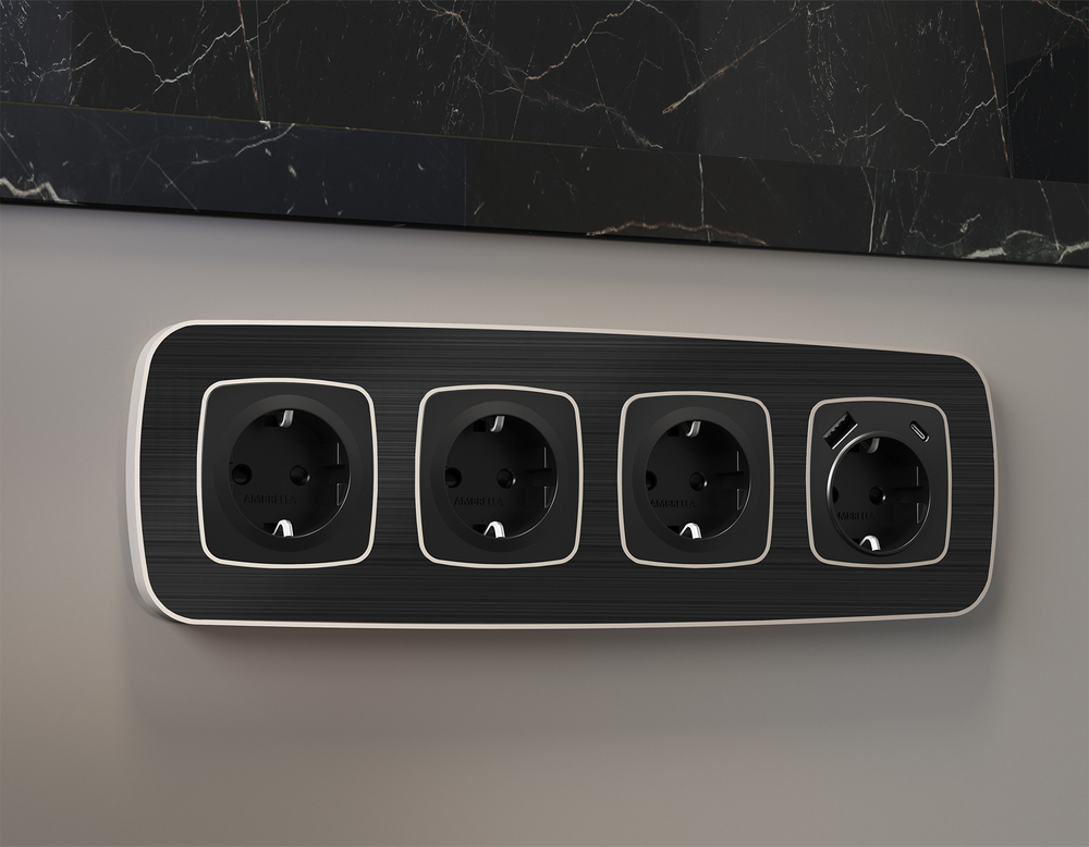 MO810010 Комплект механизма электрической розетки OMEGA Черный матовый 2USB A+C 20W (быстрая зарядка) с/з QUANT (OP8100, VM160)