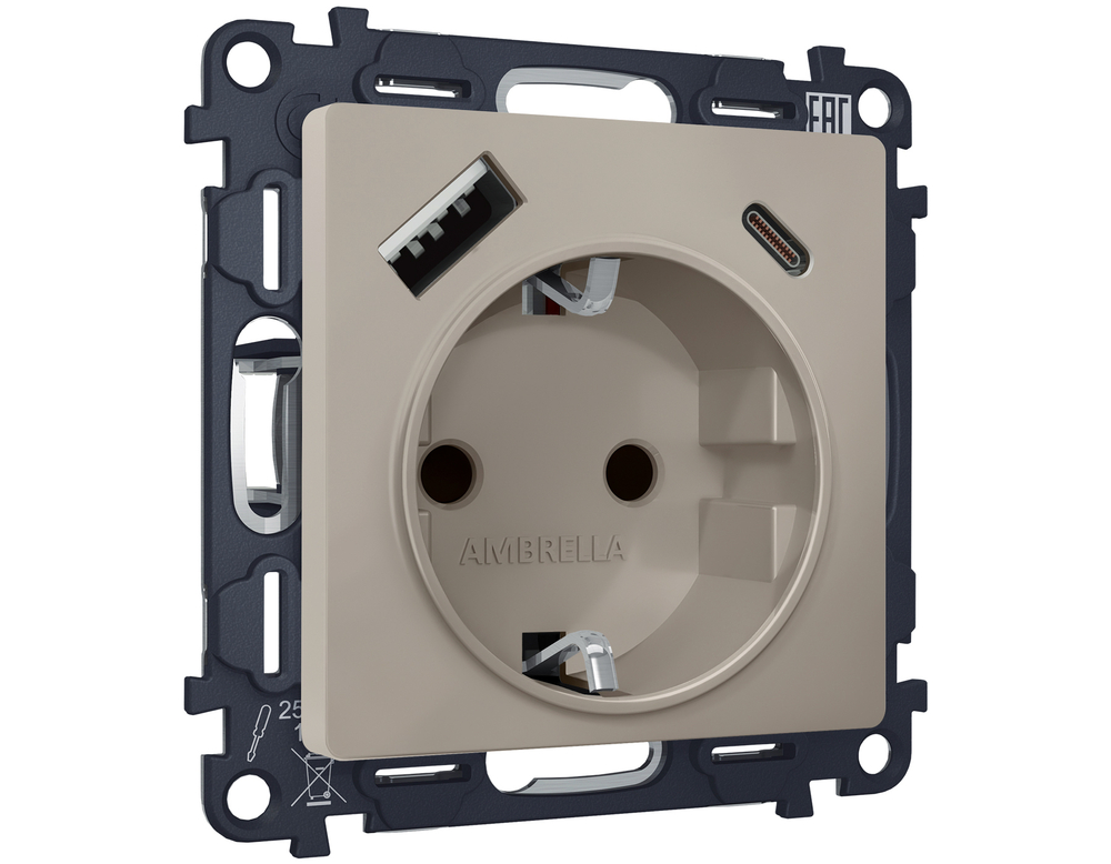 MA370010 Комплект механизма электрической розетки ALFA Серо-бежевый матовый 2USB A+C 20W (быстрая зарядка) с/з QUANT (AP3700, VM160)