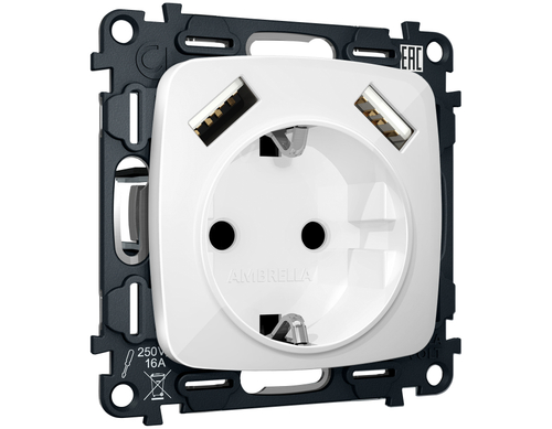Купить MO109010 Комплект механизма электрической розетки OMEGA Белый глянец 2USB A+A 18W (быстрая зарядка) с/з QUANT (OP1090, VM155)