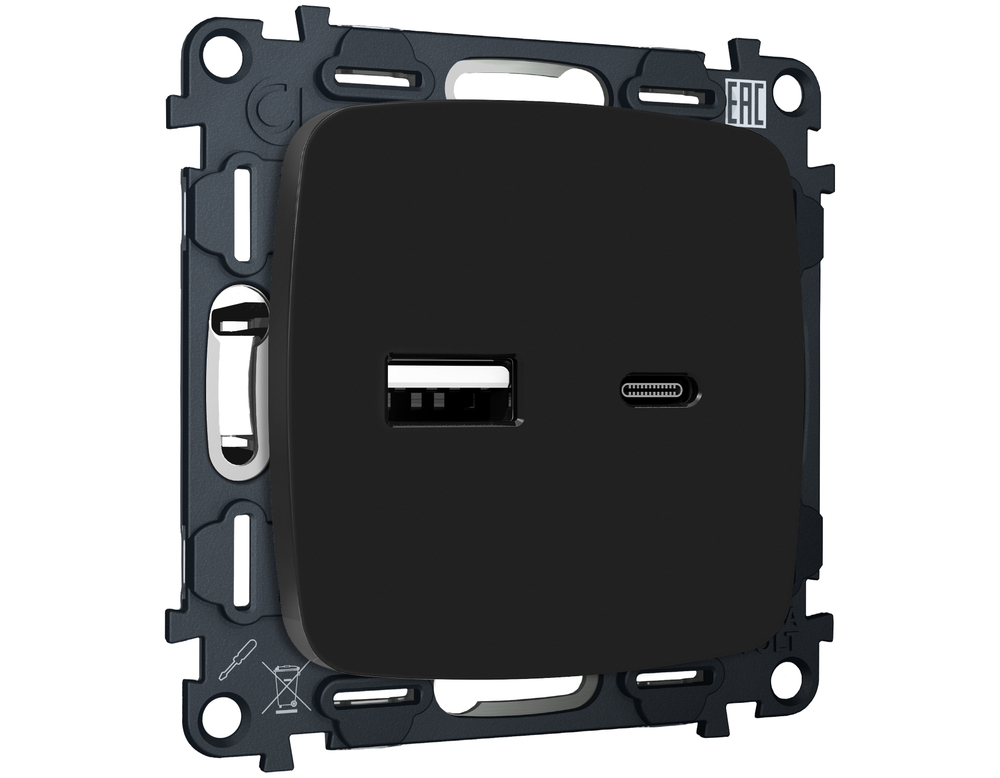 MO811010 Комплект механизма розетки OMEGA Черный матовый 2USB A+C 20W (быстрая зарядка) QUANT (OP8110, VM177)