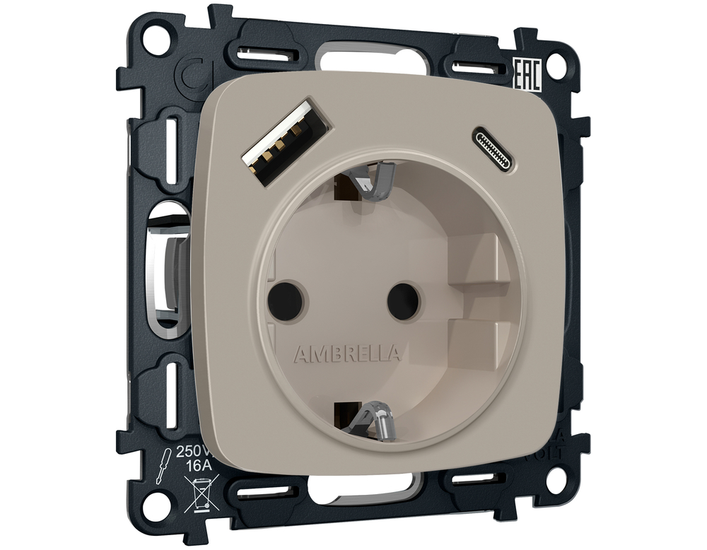 MO370010 Комплект механизма электрической розетки OMEGA Серо-бежевый матовый 2USB A+C 20W (быстрая зарядка) с/з QUANT (OP3700, VM160)