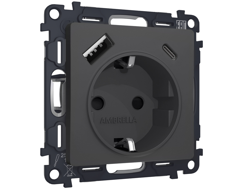 MA910010 Комплект механизма электрической розетки ALFA Графит мягкое касание 2USB A+C 20W (быстрая зарядка) с/з QUANT (AP9100, VM160)